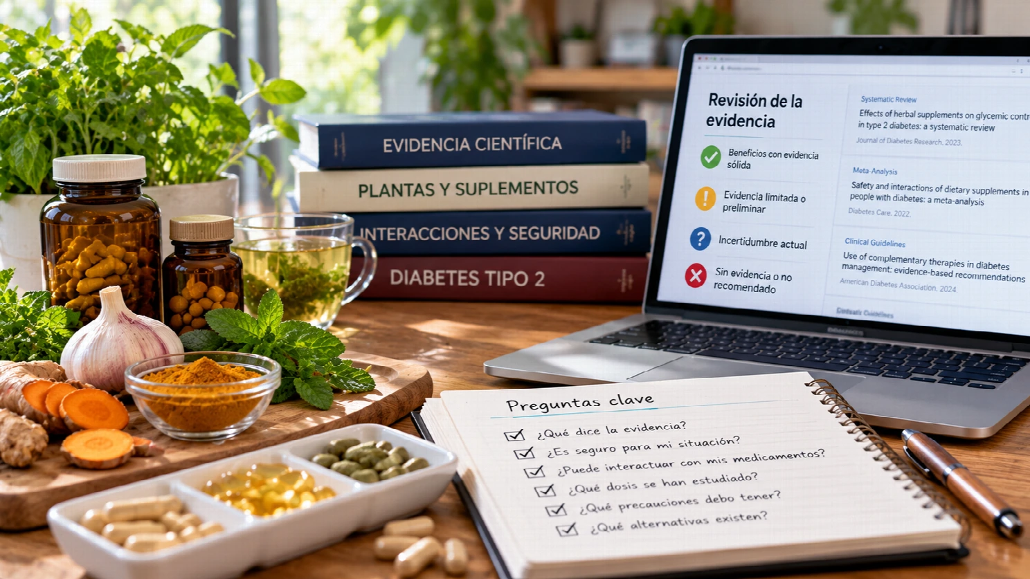 Plantas y suplementos junto a materiales de consulta sobre evidencia científica y seguridad en diabetes tipo 2