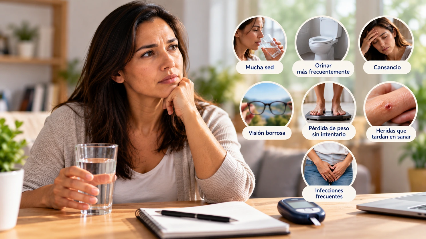Diabetes: síntomas iniciales que no debemos ignorar Mujer con un vaso de agua en casa junto a viñetas sobre posibles señales de diabetes