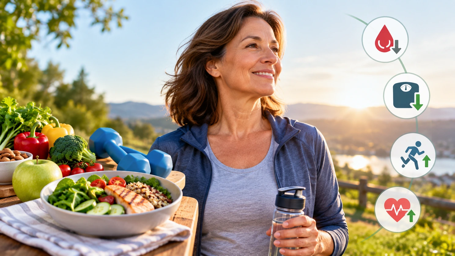 Mujer al aire libre junto a alimentos saludables, pesas y símbolos de glucosa, peso, actividad física y salud cardíaca