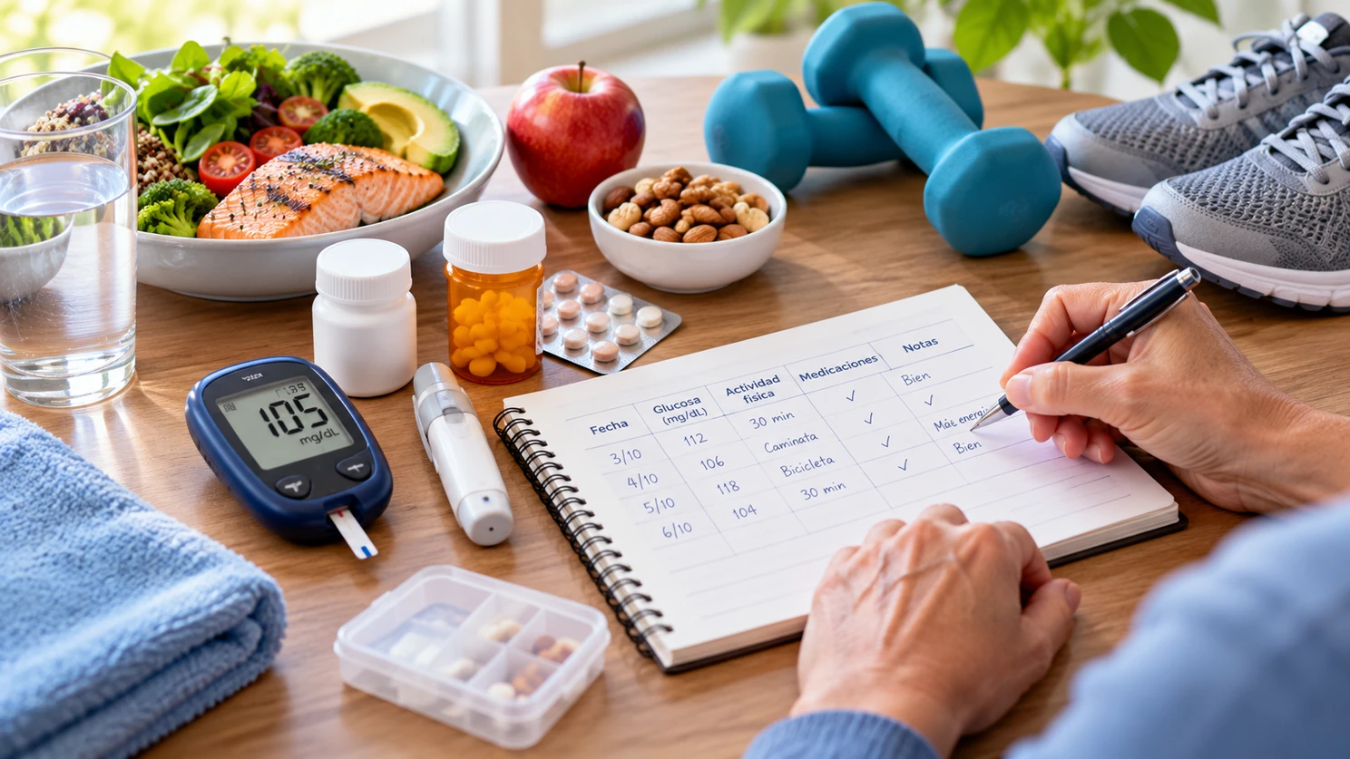 Tratamiento de la diabetes tipo 2: medicamentos y cuidados Persona registra su glucosa junto a alimentos saludables, medicación y elementos para actividad física.