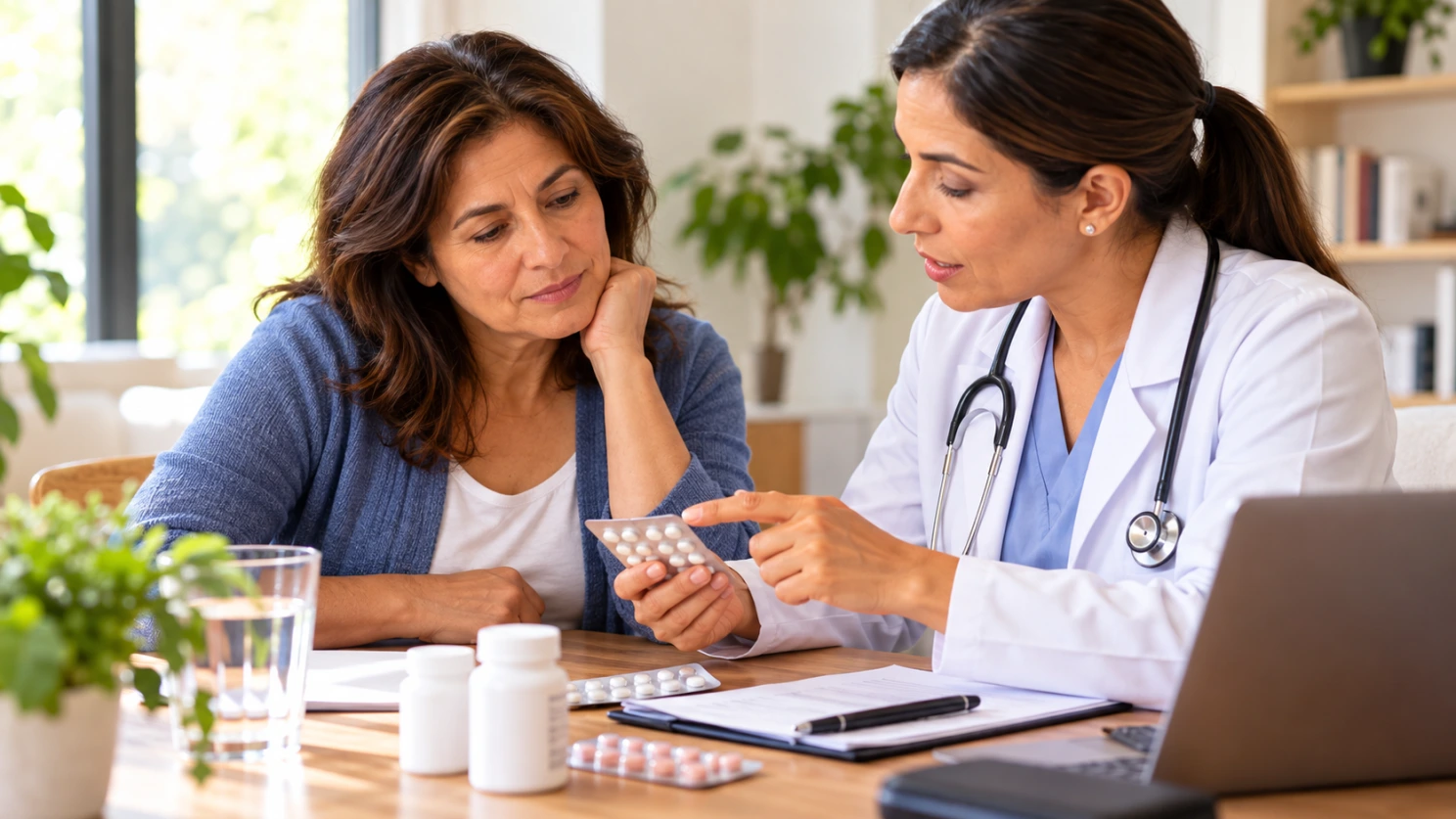 Profesional sanitaria explicando medicamentos orales a una mujer adulta durante una consulta