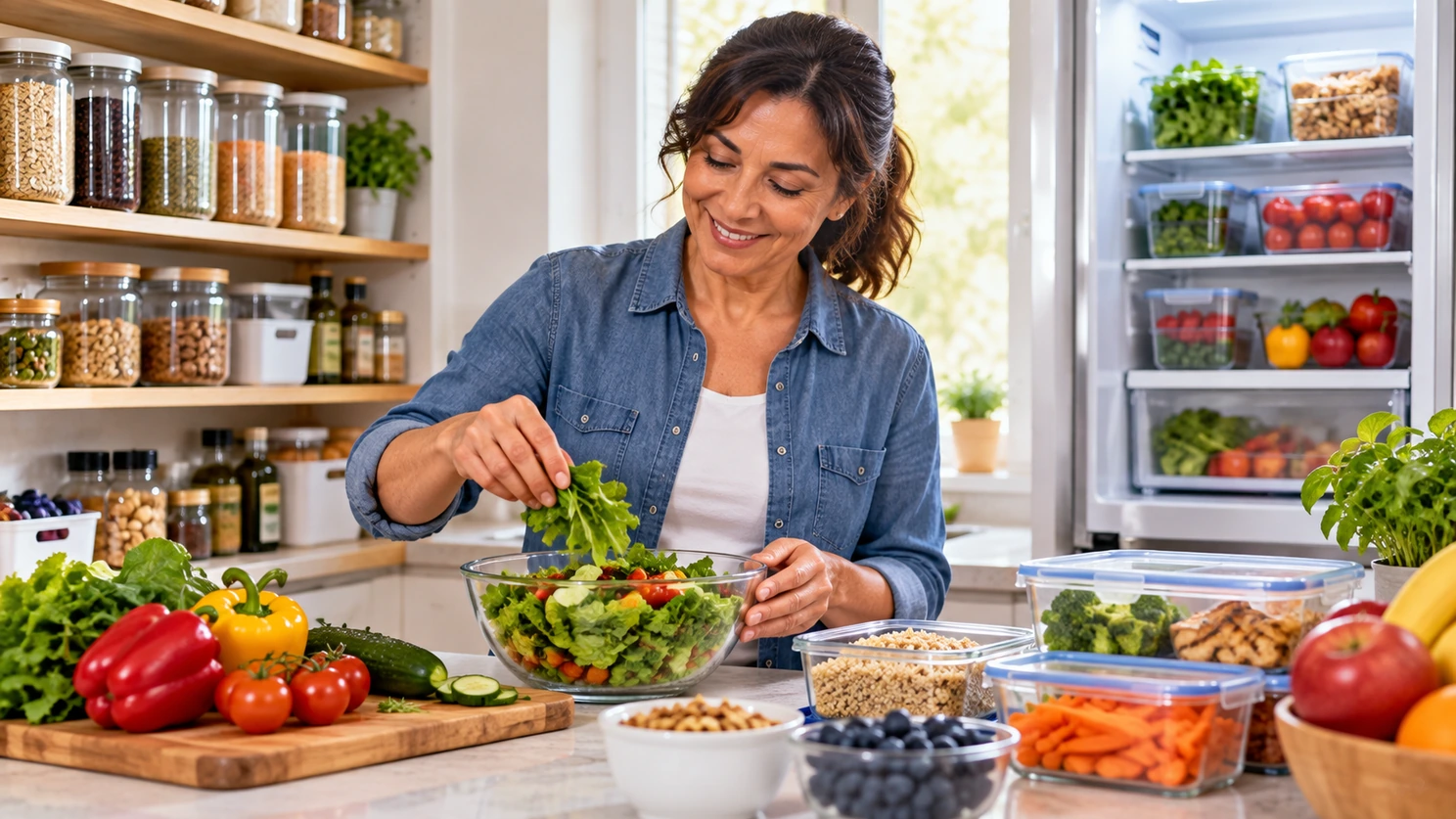 Mujer preparando una ensalada en una cocina organizada, con despensa, refrigerador abierto y recipientes de alimentos