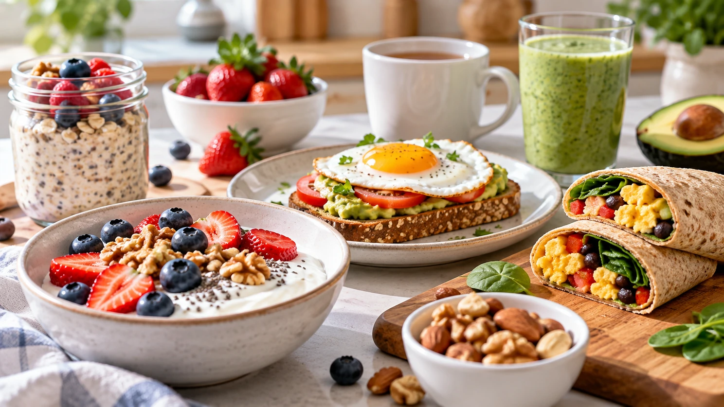 Yogur con fruta y nueces, avena, tostada con huevo y tortillas rellenas sobre una mesa de cocina