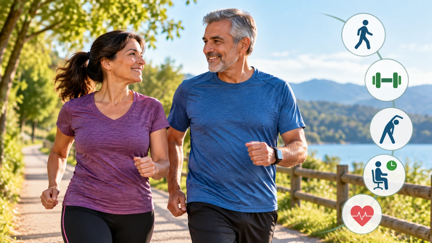 Dos adultos caminando junto a un lago, con iconos de caminar, fuerza, movilidad, pausas del sedentarismo y salud cardiovascular