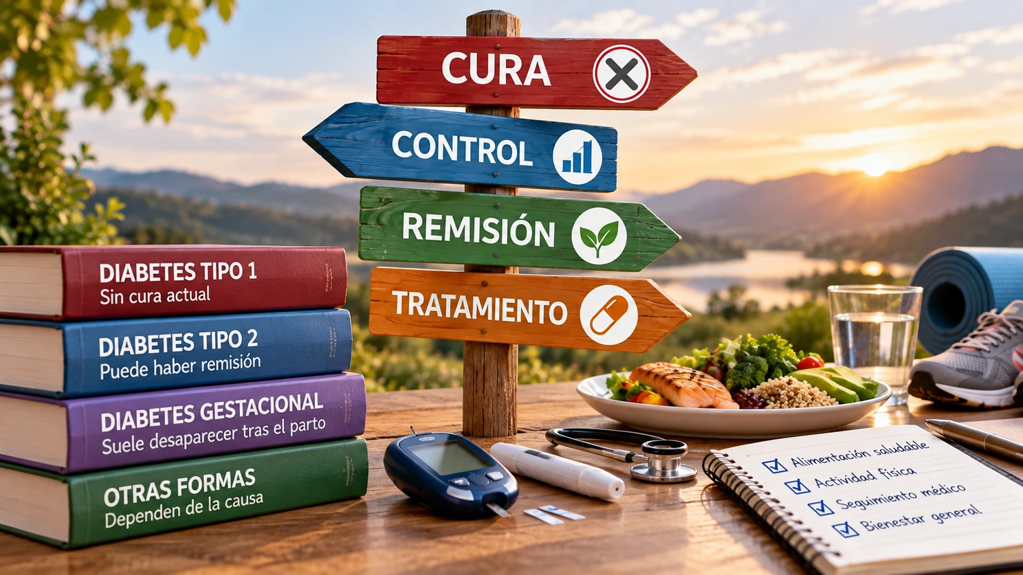 Señales sobre cura, control, remisión y tratamiento junto a libros y objetos para el cuidado de la diabetes