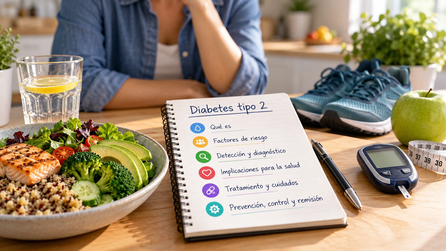 Diabetes tipo 2: Lo que debes saber Cuaderno sobre diabetes tipo 2 junto a una comida, zapatillas, una manzana y un glucómetro