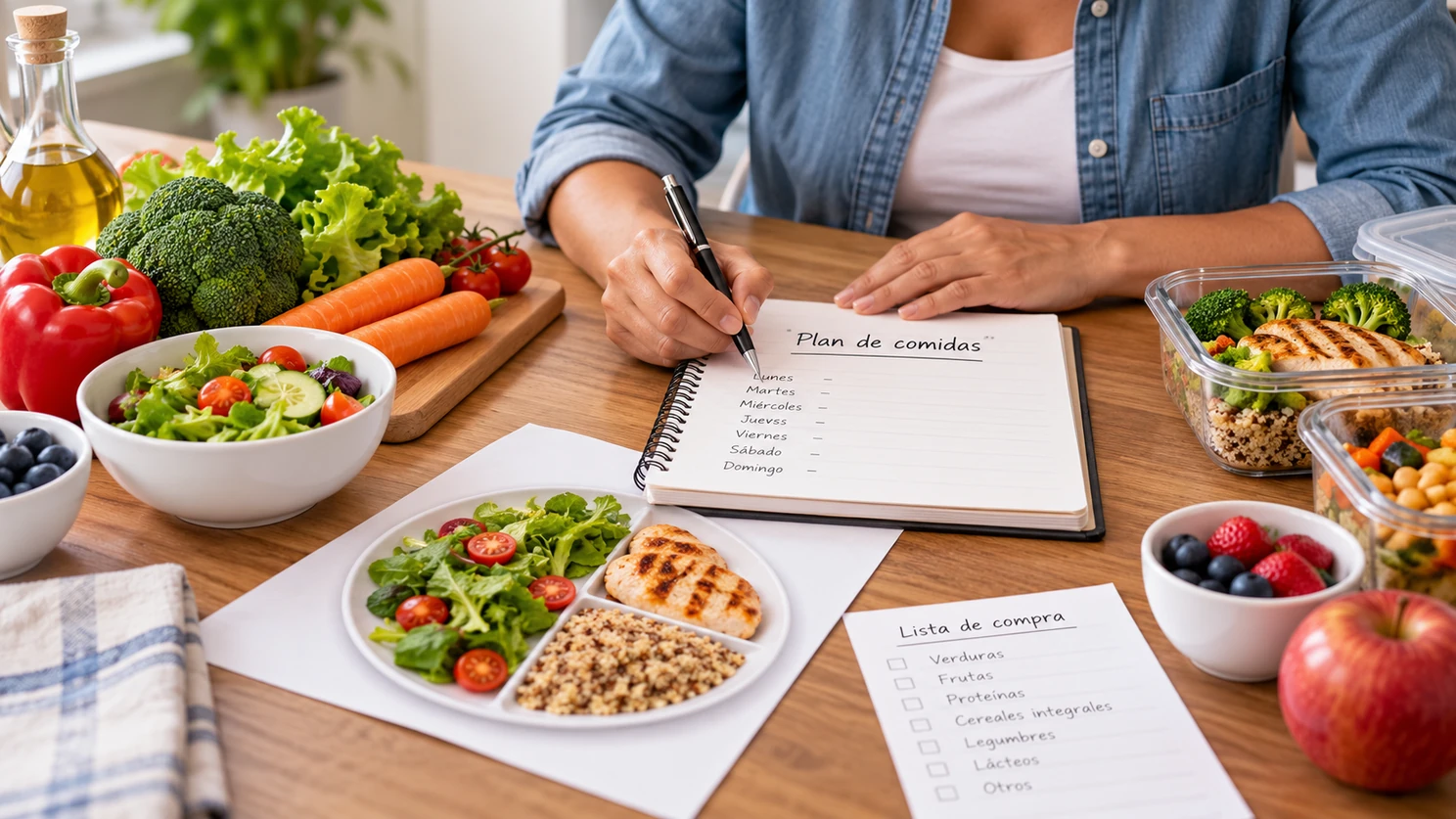 Persona escribiendo un plan semanal de comidas, junto a una lista de compra, alimentos y recipientes con comida preparada