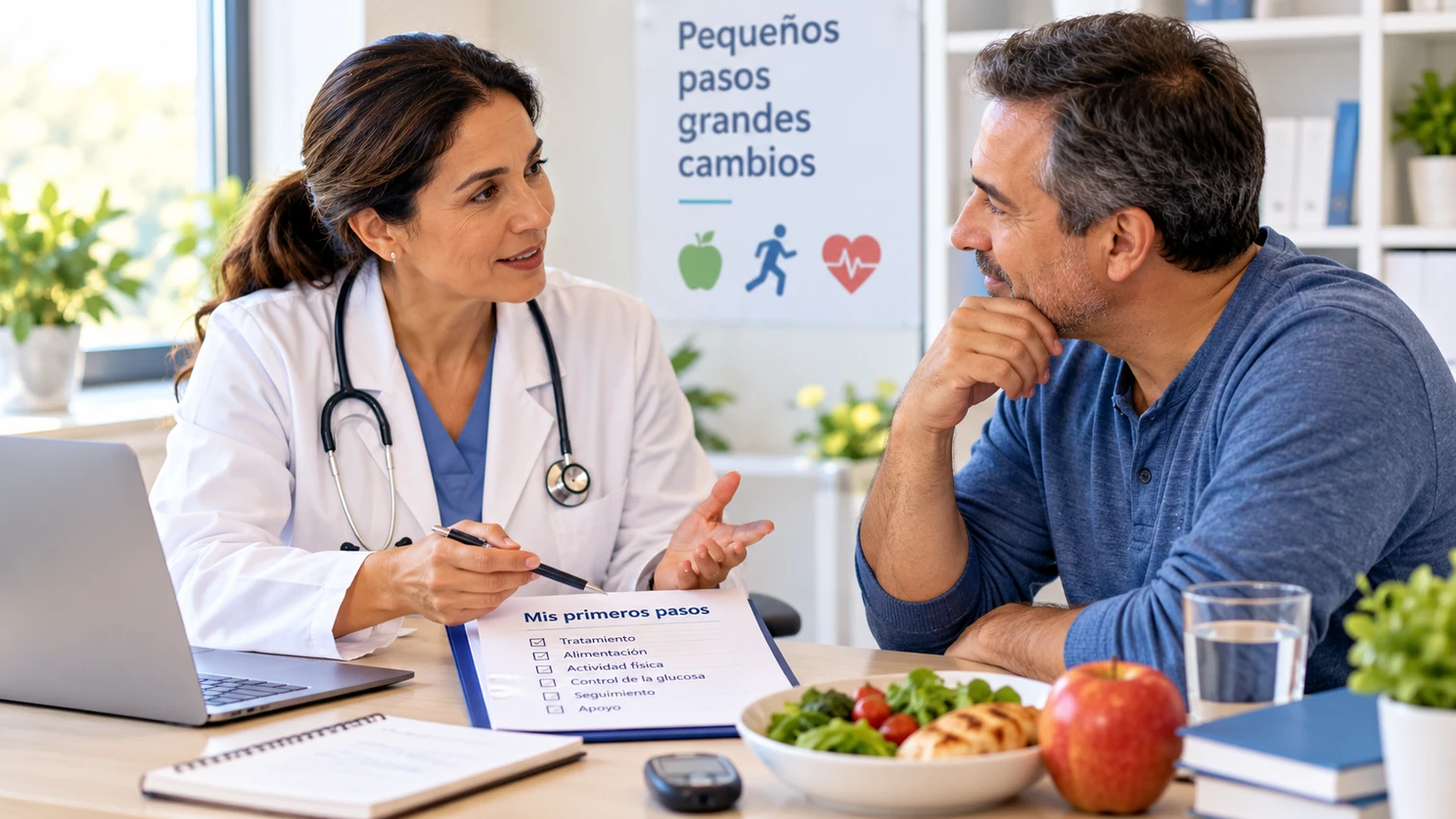 Profesional sanitaria y un hombre adulto revisan un plan de primeros pasos durante una consulta.