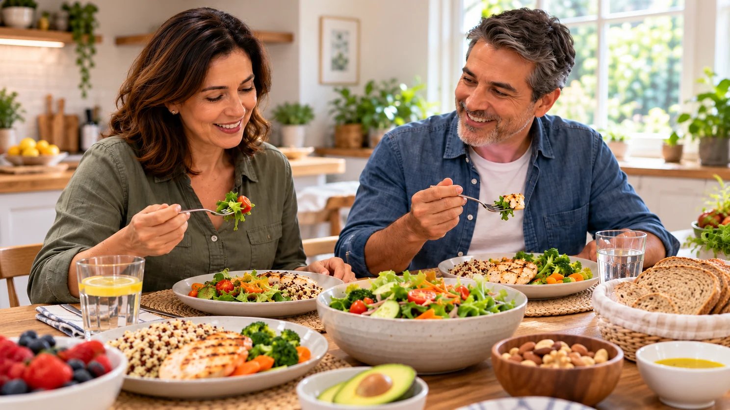 Pareja adulta compartiendo una comida variada en casa, con verduras y otros alimentos servidos sobre la mesa