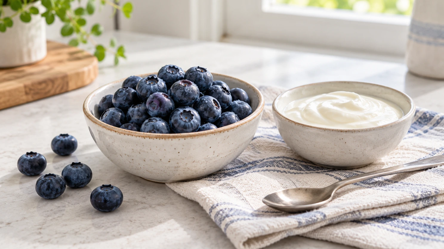 Arándanos y diabetes tipo 2: porciones, evidencia y límites Un cuenco de arándanos frescos junto a yogur natural y una cuchara.