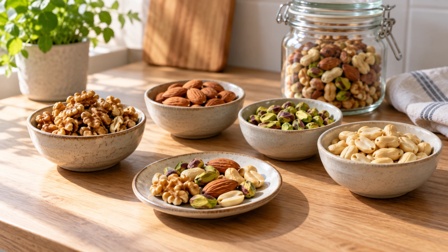 Frutos secos y diabetes: porciones, etiquetas y precauciones Pequeños cuencos con nueces, almendras, pistachos y cacahuetes naturales sin coberturas.
