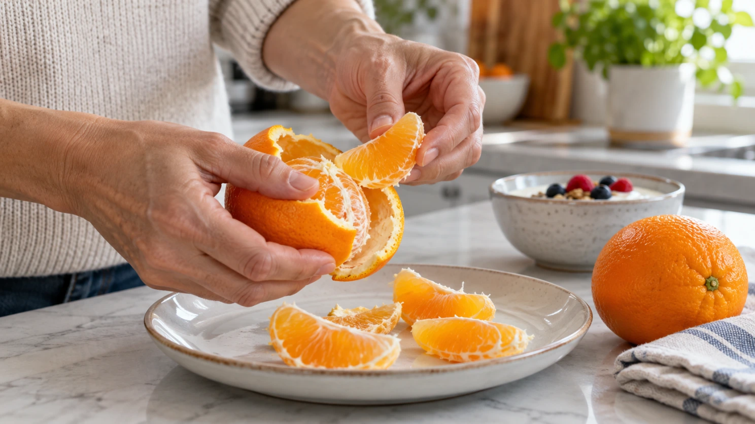 Naranjas y diabetes: fruta entera, jugo y porciones Unas manos separan gajos de naranja sobre un plato en una cocina luminosa.