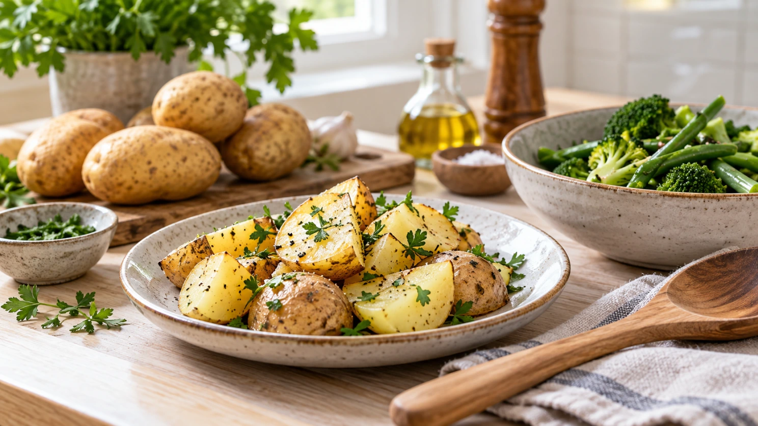 Papa o patata y diabetes: porciones, preparación y dudas Papas cocidas con hierbas junto a verduras en una mesa de cocina.