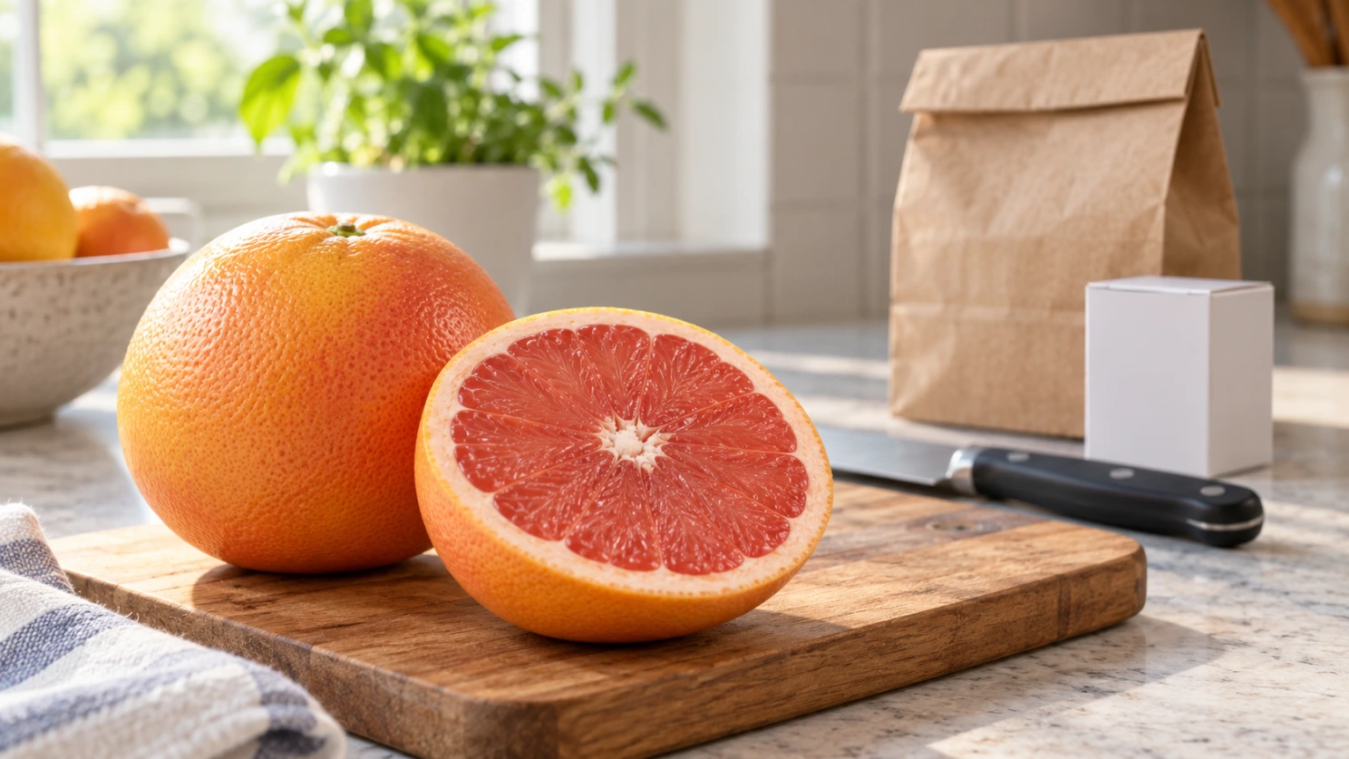 Pomelo o toronja y diabetes: precauciones con medicamentos Un pomelo entero y otro cortado junto a una bolsa de farmacia y una caja sin marca.